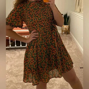 Banjanan Green Red Floral 100% Cotton Smocked Mini Dress XS